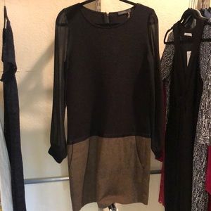 Knit and tweed dress with sheer sleeves